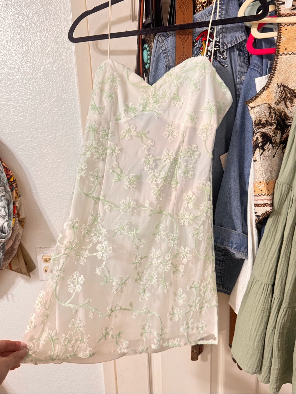 Forever 21 White Mini Slip Dress with Light Green Floral Embroidery